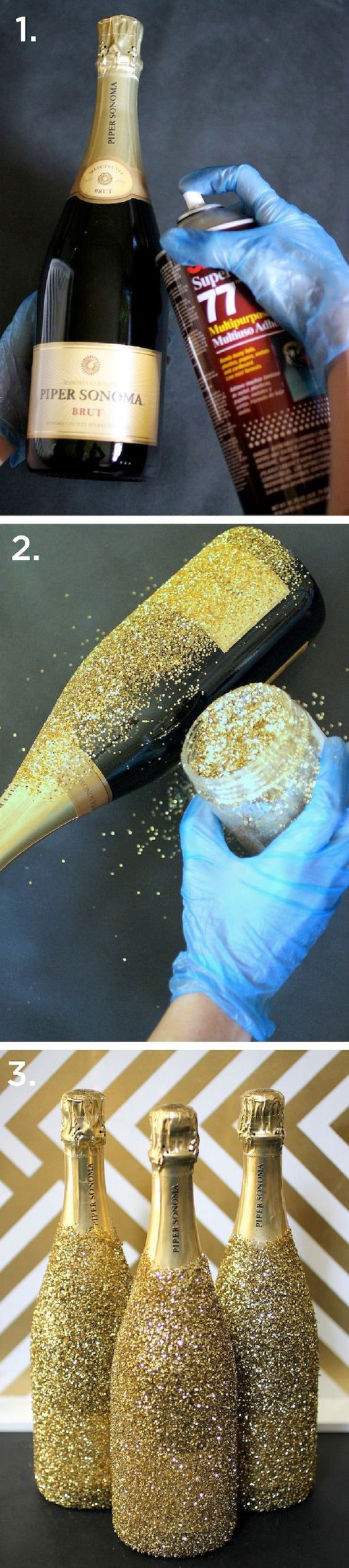 Glitter Champagne Bottles - 15 Buoyant DIY New Year's Eve Party Ideas | GleamItUp