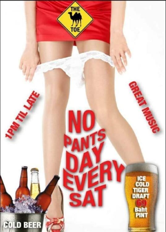 Image may contain: ‎one or more people, ‎text that says '‎THE זע M TOE LATE 1PM TRATL TIL GREAT G MUSIC NO PANTS DAY SAR ICE COLD TIGER DRAFT Baht PINT COLD BEER‎'‎‎