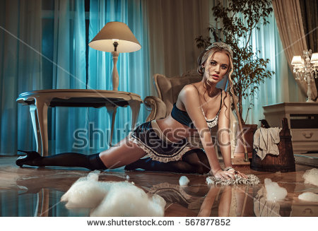 Sexy maid cleaning the floor in a stylish interior